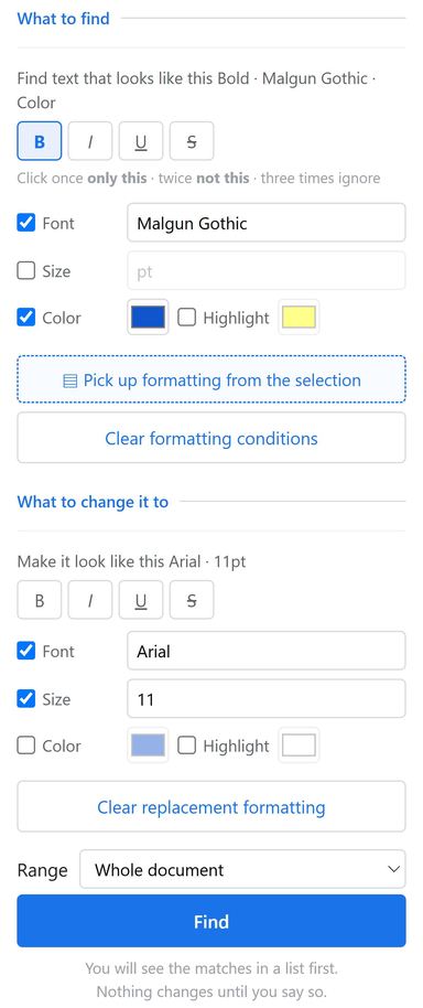 Formatting conditions: bold selected, font Arial and colour ticked, size unticked and greyed out; below, the replacement formatting with font Georgia and size 12.